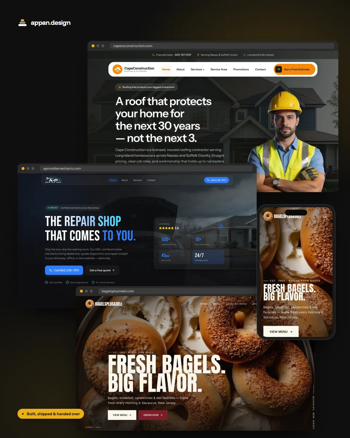 Websites built by AppanDesign — Cape Co Construction, AP Mobile Mechanic and Bagels Plus & Deli in browser and phone frames