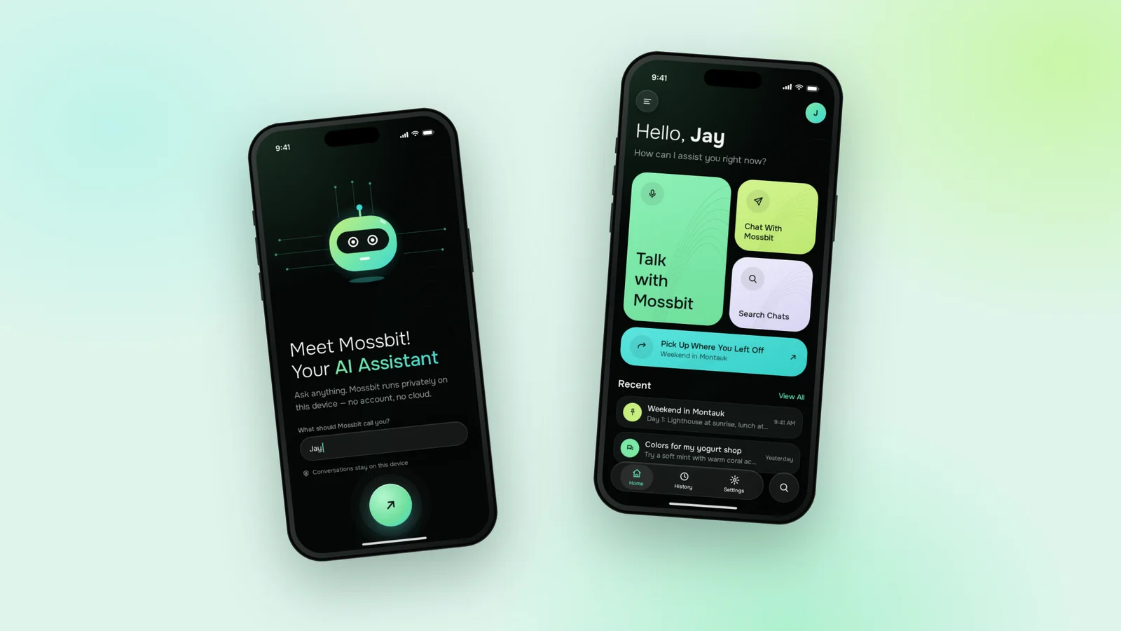 Mossbit running on two iPhones — the welcome screen and the home screen