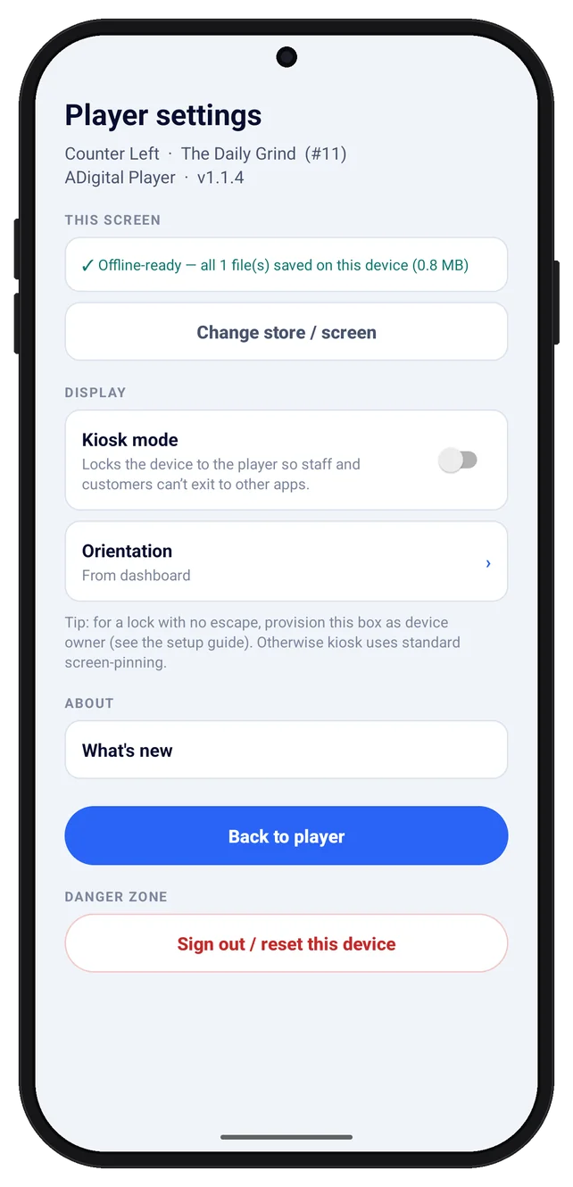 Player settings & kiosk mode