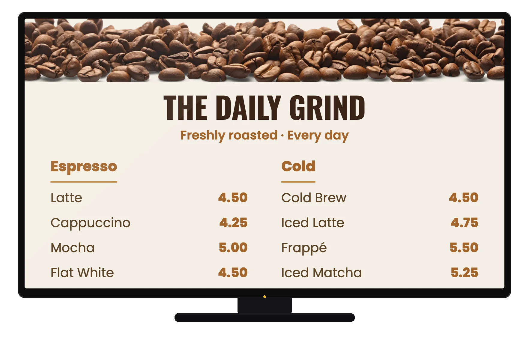 A TV showing The Daily Grind menu board played by ADigital Player