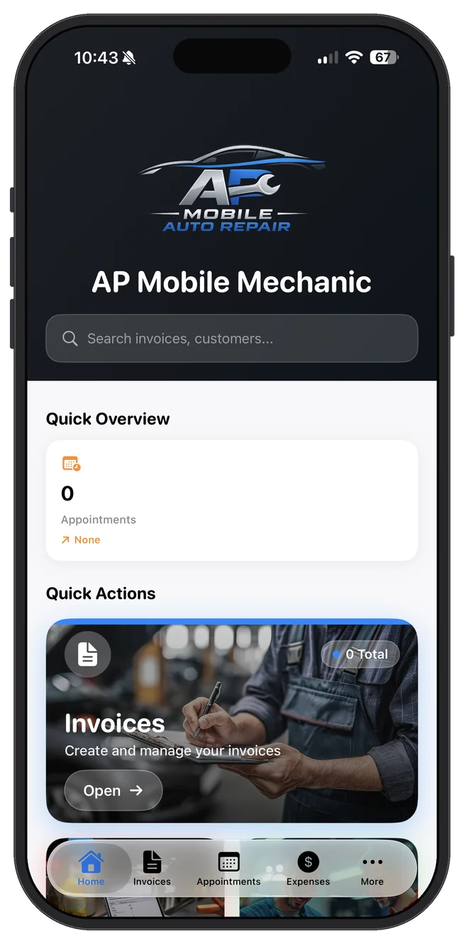 AP Mobile Mechanic — Home — quick overview & actions