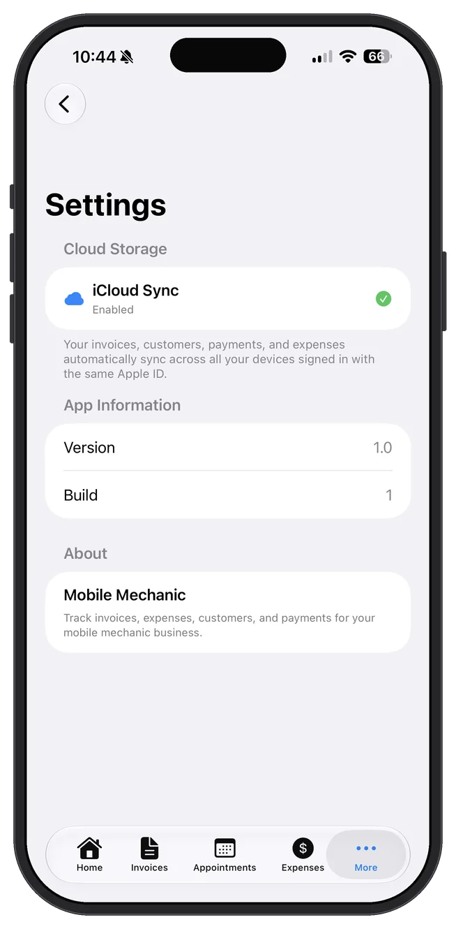 AP Mobile Mechanic — Settings — iCloud sync