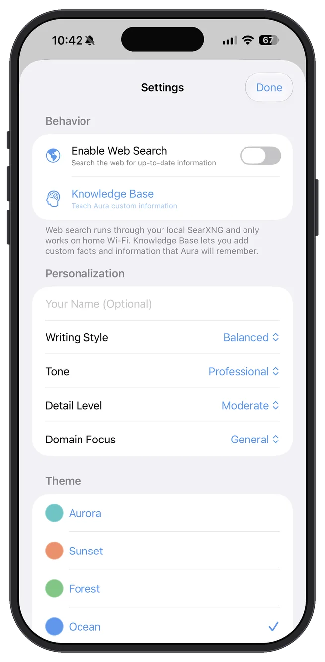 Aura — Your private AI — Settings — behavior, personalization, theme